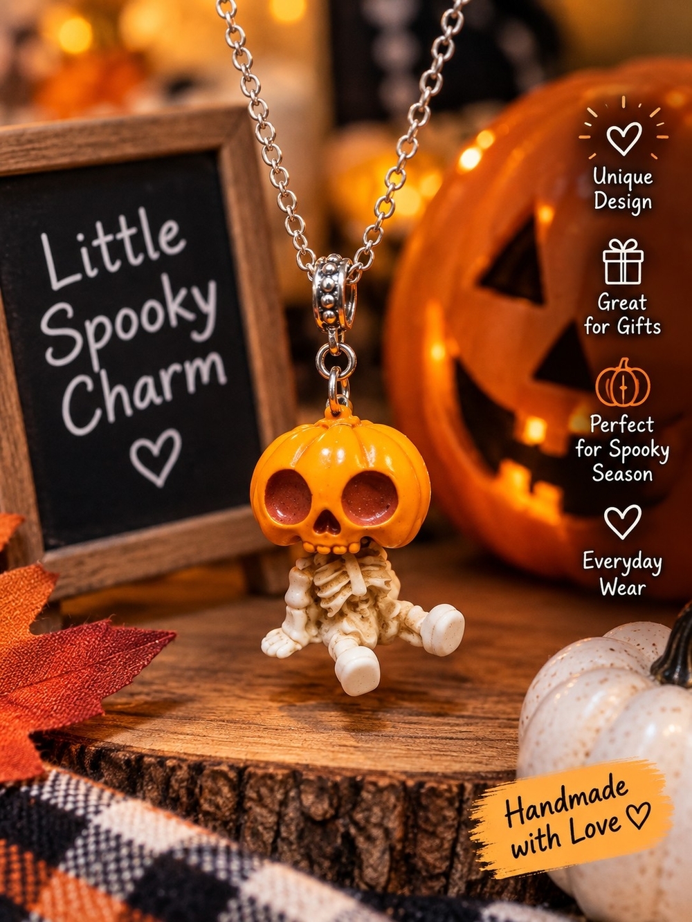 Handmade Orange Pumpkin Skeleton Necklace